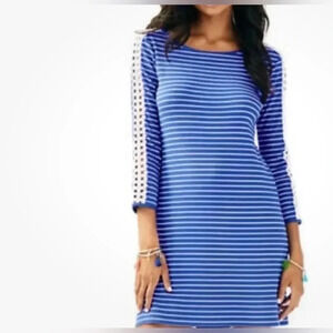 Lilly Pulitzer Marlowe Dress Beacon Blue Breeze Stripe White 3/4 Sleeve Size S
